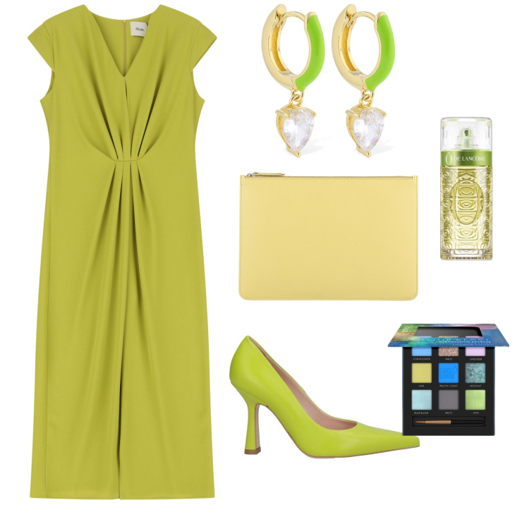 Outfit donna - Colori fluo alla cerimonia. Stile Trendy per Cerimonia. Abbinamento con décolleté, pochette, profumi, ombretti, vestiti midi/longuette, orecchini.