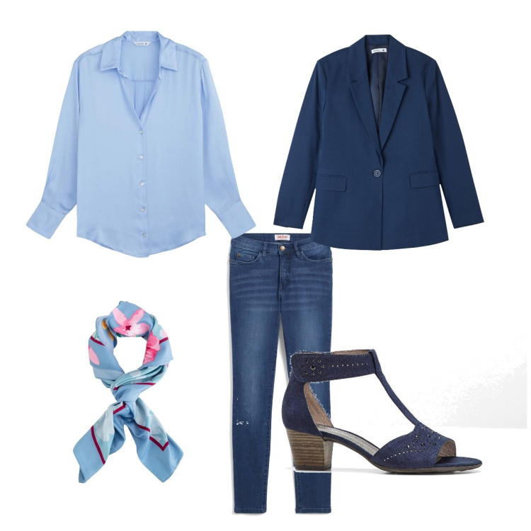 Outfit donna - Casual in blu. Stile Casual chic per Tutti i giorni. Abbinamento con jeans slim fit, sandali col tacco, camicie, blazer, foulard.