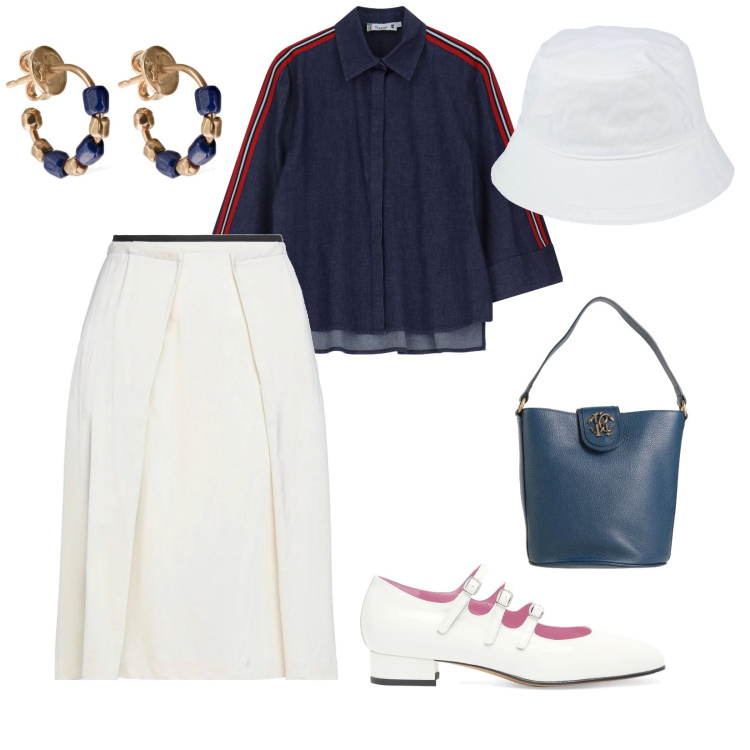 Outfit donna - Sul ponte in riva al mare. per Mare. Abbinamento con gonne longuette, cappelli, borse a mano, camicie, orecchini, décolleté.
