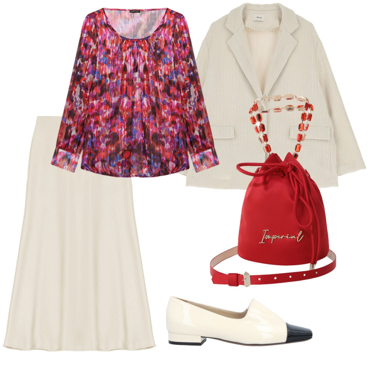 Outfit donna - La borsetta rossa. per Ufficio. Abbinamento con mocassini, gonne longuette, borse a secchiello, blazer, bluse.