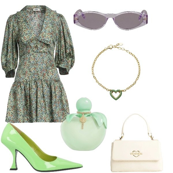 Outfit donna - Floreale vintage. Stile 70s per Tutti i giorni. Abbinamento con borse a mano, vestiti corti, occhiali da sole, décolleté, profumi, braccialetti.