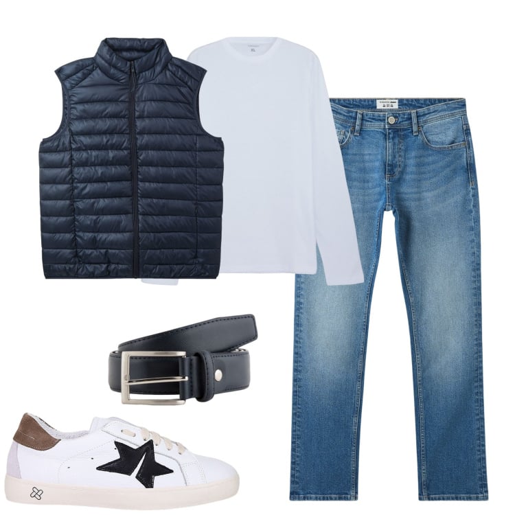 Outfit uomo - Lo smanicato alleato in primavera. Stile Casual per Tutti i giorni. Abbinamento con t-shirt, piumini, jeans, sneakers, cinture.