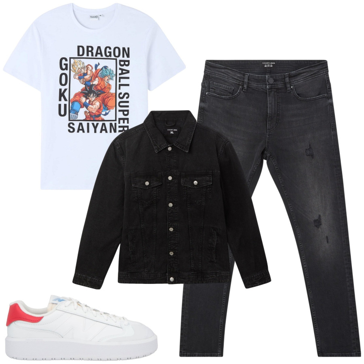 Outfit uomo - Anime e manga. Stile Casual per Tutti i giorni. Abbinamento con sneakers, giacche, t-shirt, jeans strappati.