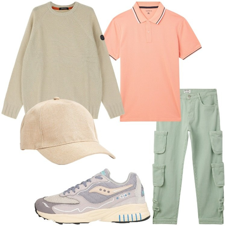 Outfit uomo - Spring is coming. Stile Casual per Tutti i giorni. Abbinamento con sneakers, polo, cappelli, jeans, maglieria.