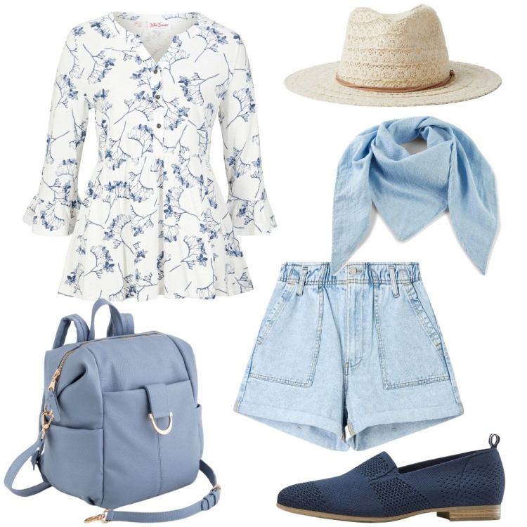 Outfit donna - Estate in città. Stile Bon Ton per Tutti i giorni. Abbinamento con maglieria, mocassini, foulard, shorts, cappelli, zaini.