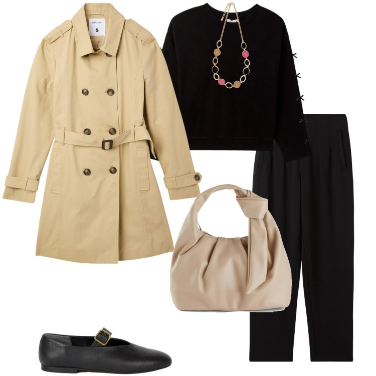 Outfit donna - Bantoa spring edit. Stile Urban per Ufficio. Abbinamento con borse a mano, trench, felpe, pantaloni chino, collane, ballerine.