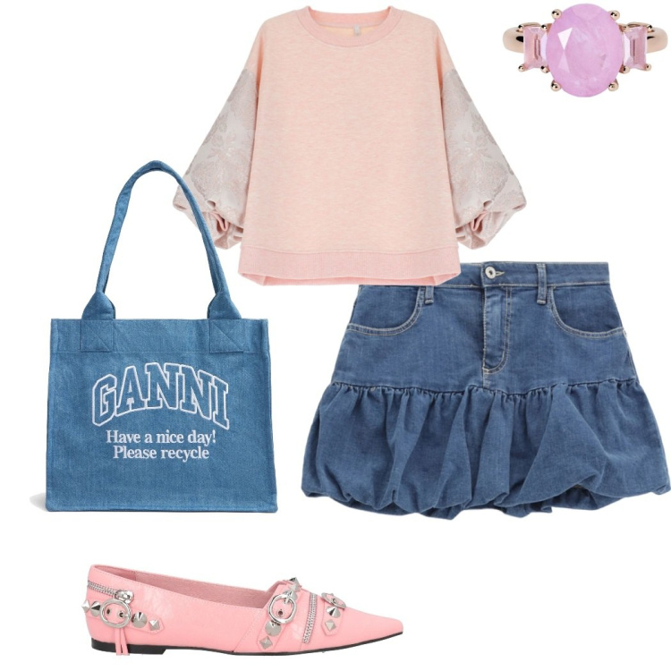 Outfit donna - Bantoa spring edit. Stile Casual per Scuola/Università. Abbinamento con ballerine, anelli, minigonne, felpe, shopping bag.