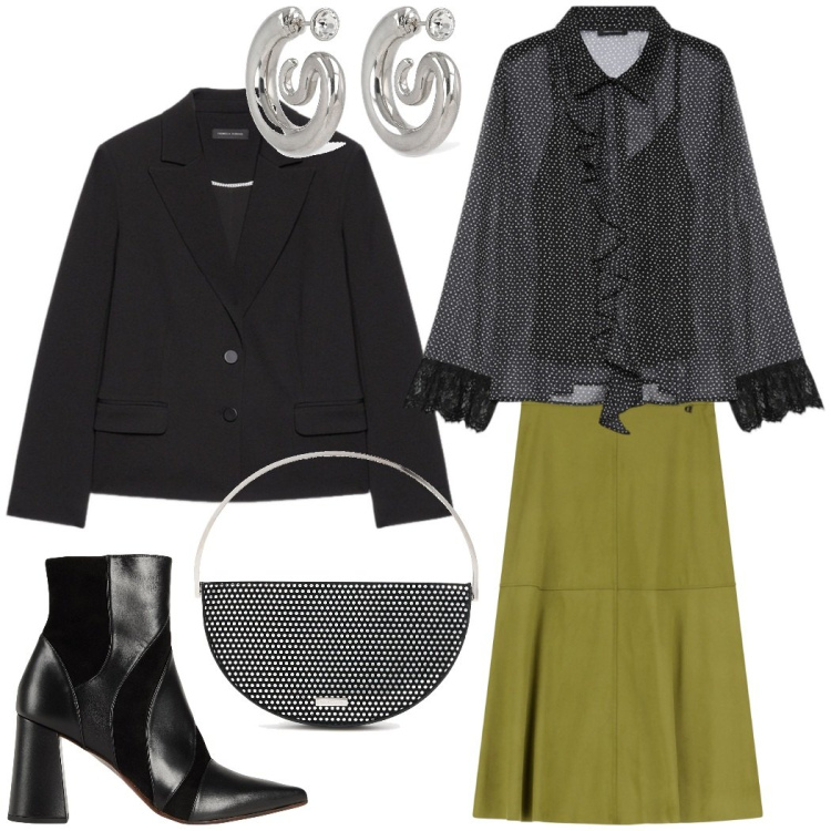 Outfit donna - A cena fuori. Stile Chic per Serata fuori. Abbinamento con stivaletti, gonne longuette, camicie, blazer, orecchini, pochette.
