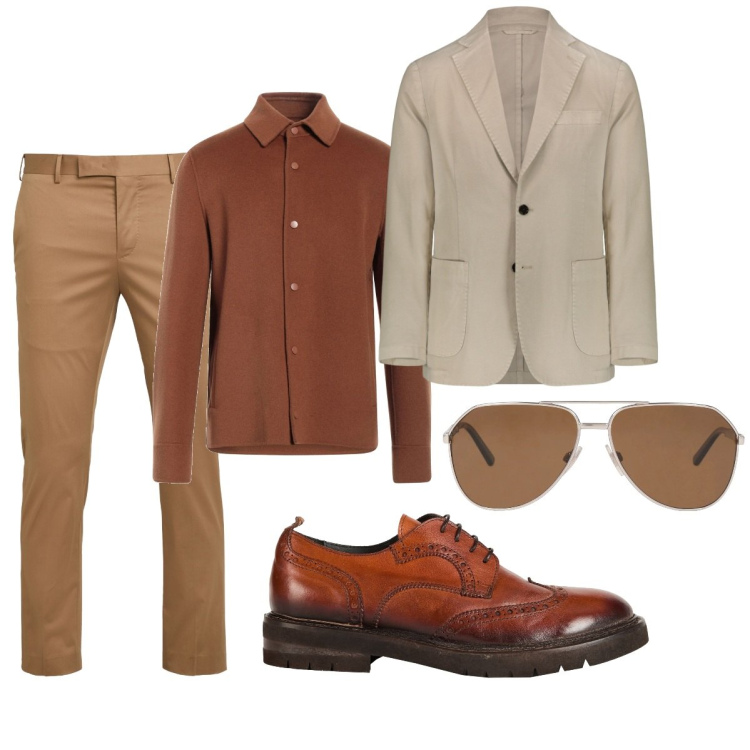 Outfit uomo - Tono su tono. Stile Business/Elegante per Ufficio. Abbinamento con pantaloni, scarpe stringate, occhiali da sole, camicie, giacche.