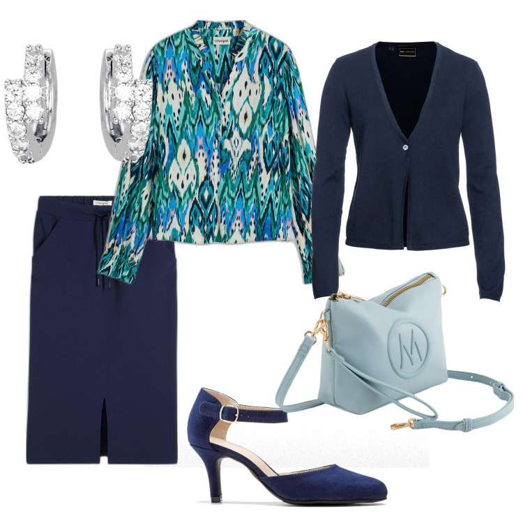 Outfit donna - A lavoro. per Scuola/Università. Abbinamento con cardigans, décolleté, gonne longuette, bluse, orecchini, valigie.