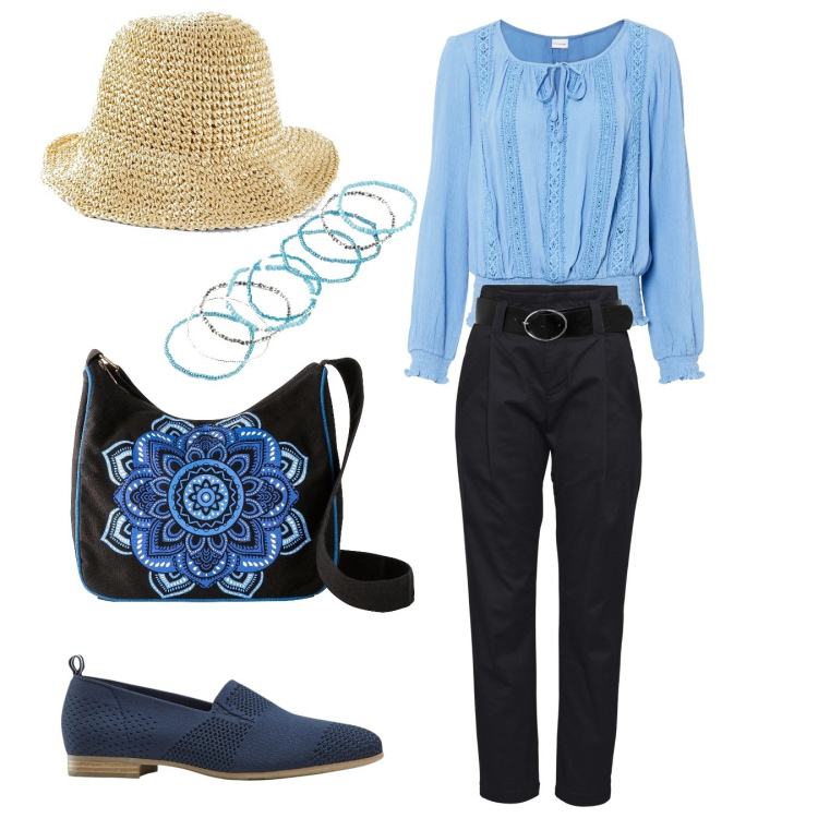Outfit donna - Passeggiata primaverile. Stile Boho per Tutti i giorni. Abbinamento con pantaloni, cappelli, bluse, borse a tracolla, mocassini, braccialetti.
