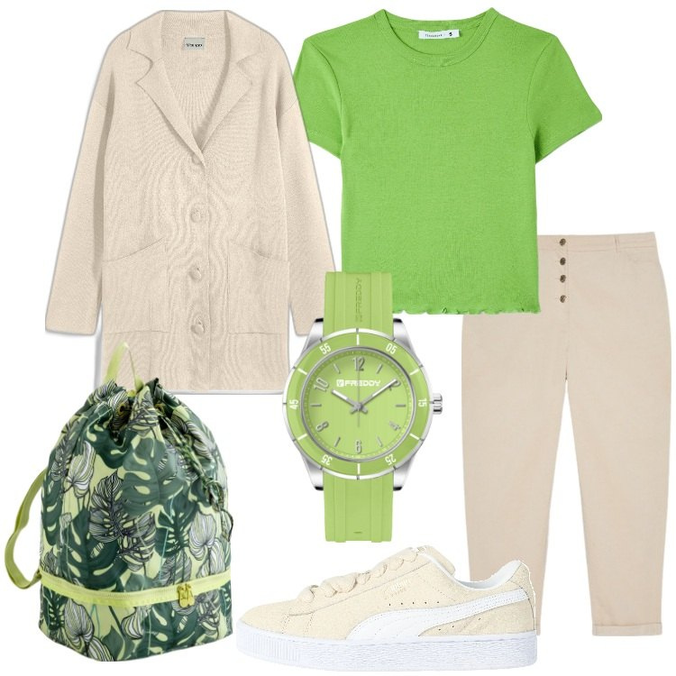 Outfit donna - Beige e verde acido. Stile Casual per Scuola/Università. Abbinamento con cardigans, sneakers, t-shirt, orologi, pantaloni, zaini.