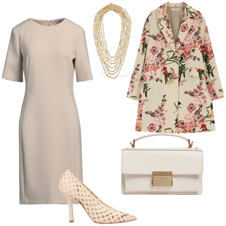 Outfit donna - Un trench floreale. Stile Bon Ton per Serata fuori. Abbinamento con vestiti midi/longuette, décolleté, trench, collane, borse a mano.