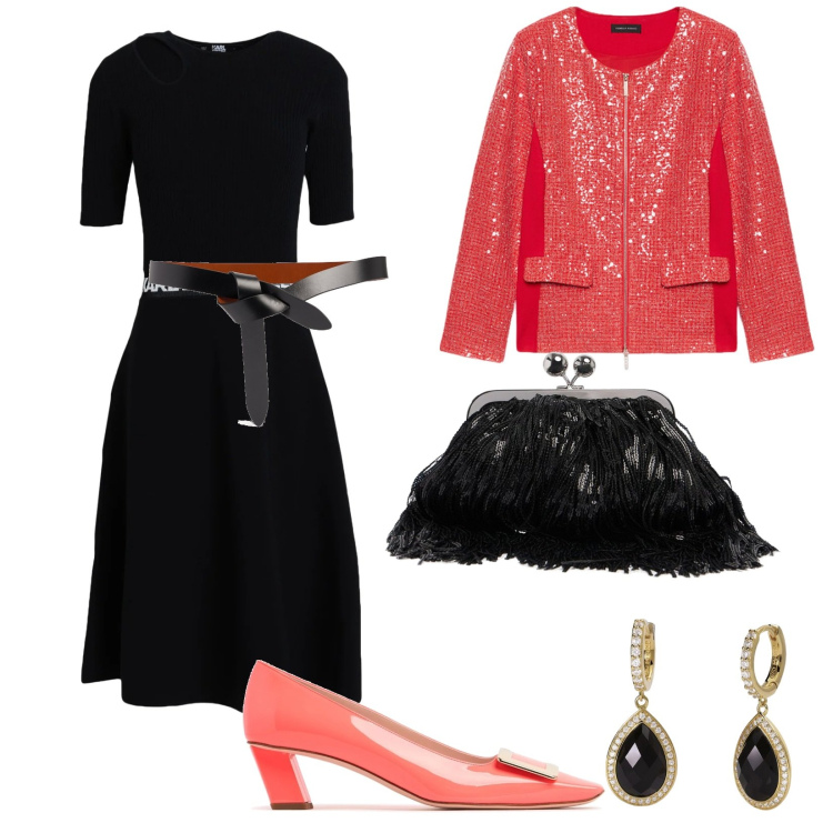 Outfit donna - Un vestito semplice per una serata. per Serata fuori. Abbinamento con vestiti midi/longuette, orecchini, blazer, cinture, pochette, décolleté.