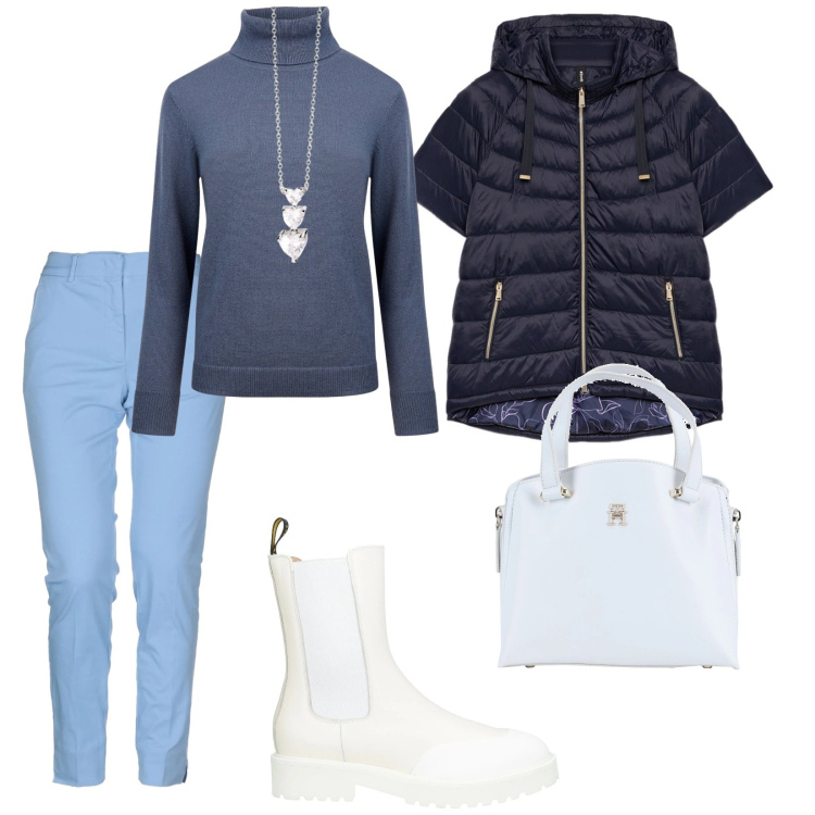 Outfit donna - Un giorno qualunque. per Tutti i giorni. Abbinamento con borse a mano, stivaletti chelsea, pantaloni, collane, maglieria, piumini.