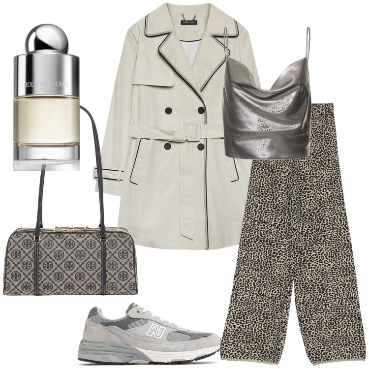 Outfit donna - Grigio perla. Stile Sporty chic per Tutti i giorni. Abbinamento con profumi, pantaloni, trench, top, borse a spalla, sneakers.