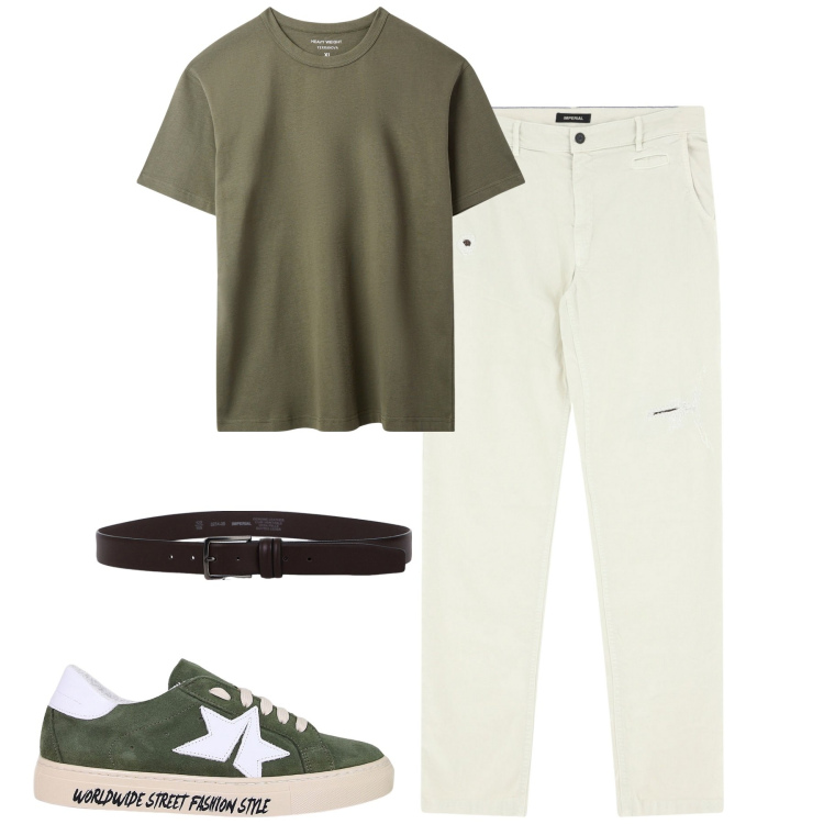 Outfit uomo - City. Stile Casual per Tutti i giorni. Abbinamento con t-shirt, sneakers, cinture, pantaloni chino.