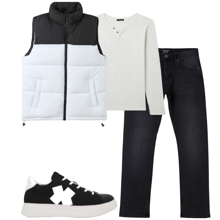 Outfit uomo - Total look #2080930. Stile Casual per Tutti i giorni. Abbinamento con sneakers, piumini, jeans dritti, t-shirt.