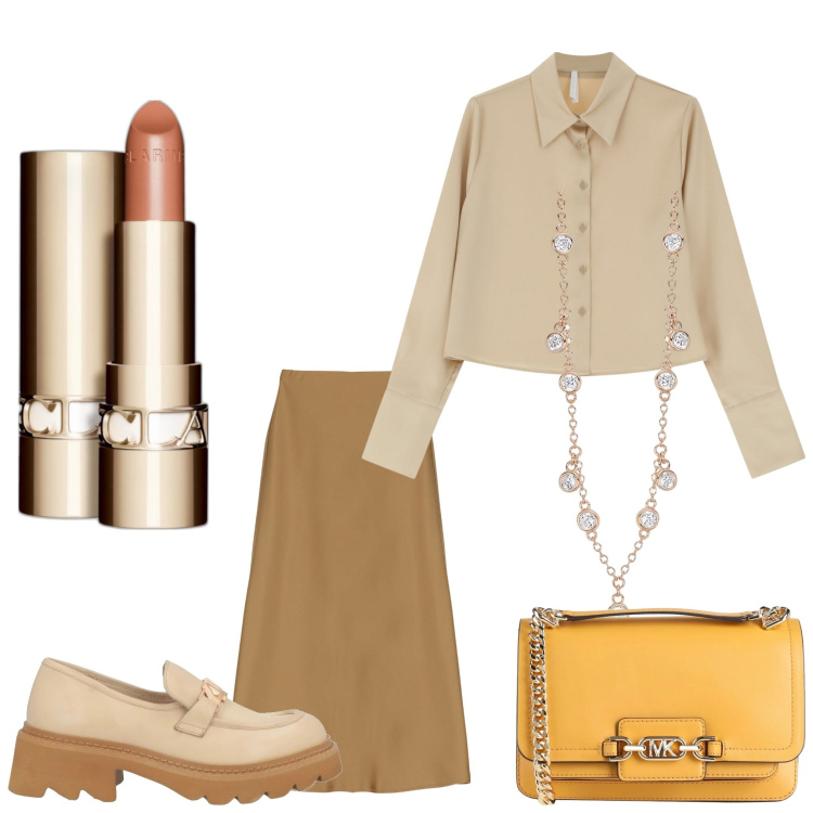 Outfit donna - Oro. Stile Casual chic per Ufficio. Abbinamento con borse a spalla, mocassini, rossetti, collane, gonne lunghe, camicie.