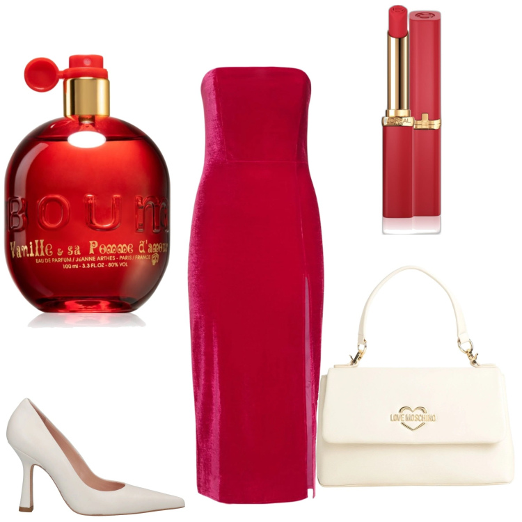 Outfit donna - Profumo di rosso. Stile Casual chic per Tutti i giorni. Abbinamento con borse a mano, décolleté, rossetti, profumi, vestiti midi/longuette.