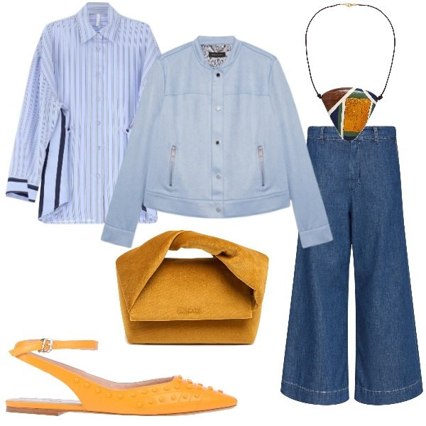Outfit donna - Domenica mattina. Stile Trendy per Tutti i giorni. Abbinamento con ballerine, collane, camicie, blazer, borse a mano, jeans.