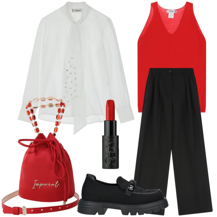 Outfit donna - Rossi dettagli. Stile Chic per Serata fuori. Abbinamento con mocassini, rossetti, top, borse a secchiello, pantaloni, bluse.