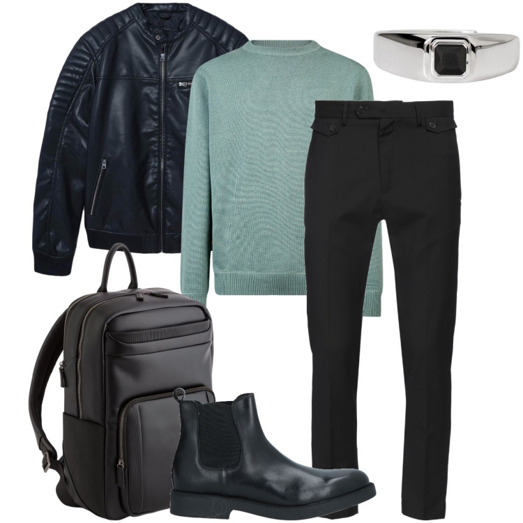 Outfit uomo - Il biker nero. Stile Biker Rock per Serata speciale. Abbinamento con stivali e stivaletti, pantaloni, giacche, anelli, borse sportive, maglieria.