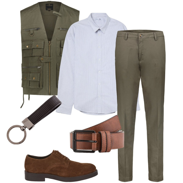 Outfit uomo - Dettagli marrone. Stile Business/Elegante per Ufficio. Abbinamento con camicie, scarpe stringate, gilet, pantaloni chino, cinture, portachiavi.