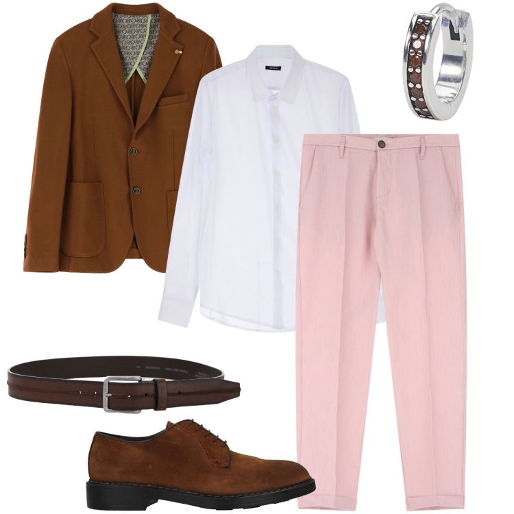 Outfit uomo - Il pantalone rosa. Stile Trendy per Cerimonia. Abbinamento con scarpe stringate, orecchini, pantaloni, camicie, cinture, giacche.