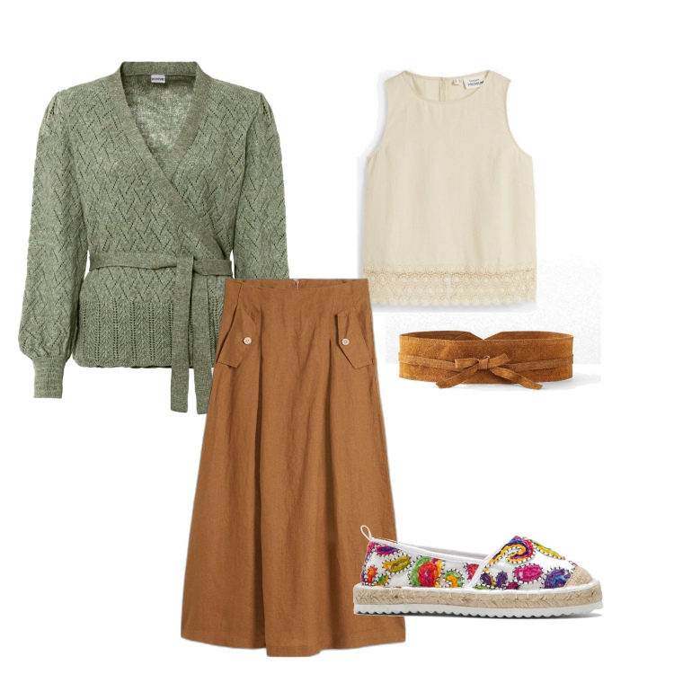 Outfit donna - Safari urbano. Stile Casual chic per Tutti i giorni. Abbinamento con maglieria, espadrillas, gonne, top, cinture.