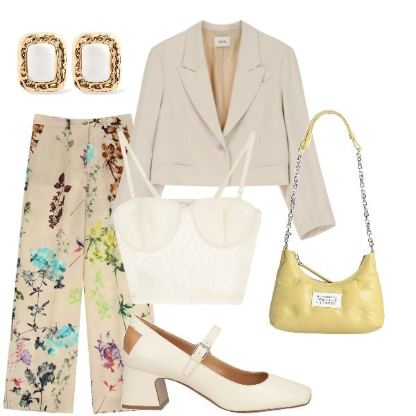 Outfit donna - Aspettando la primavera. Stile Casual chic per Serata fuori. Abbinamento con décolleté, borse a spalla, pantaloni a palazzo, blazer, top, orecchini.