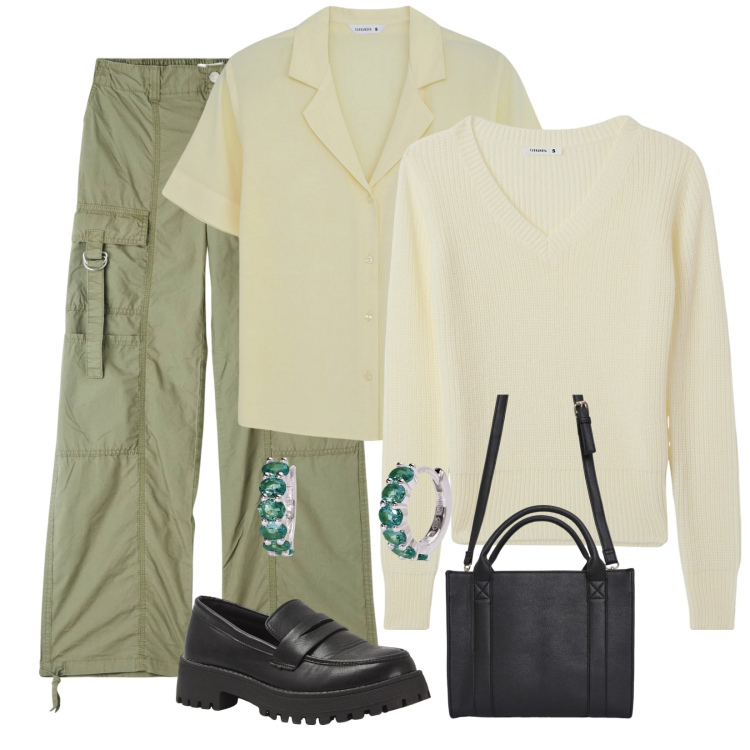 Outfit donna - Total look #2080981. Abbinamento con camicie a manica corta, borse tote, pantaloni cargo, maglieria, mocassini, orecchini.