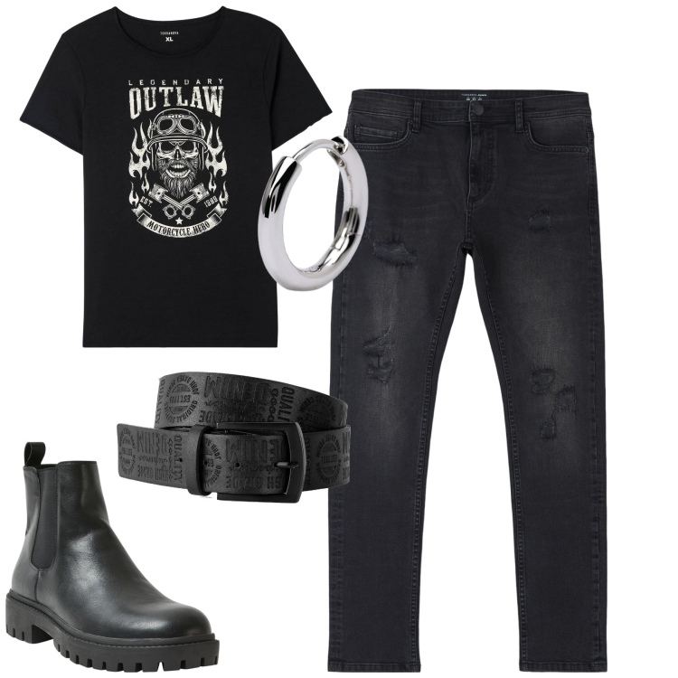 Outfit uomo - Serata. Stile Biker Rock per Serata speciale. Abbinamento con cinture, t-shirt, jeans strappati, stivali e stivaletti, orecchini.
