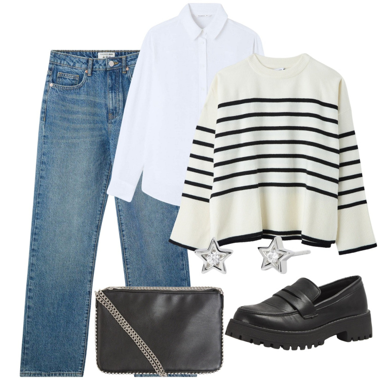 Outfit donna - Total look #2080996. Abbinamento con jeans dritti, borse a tracolla, maglieria, camicie, mocassini, orecchini.