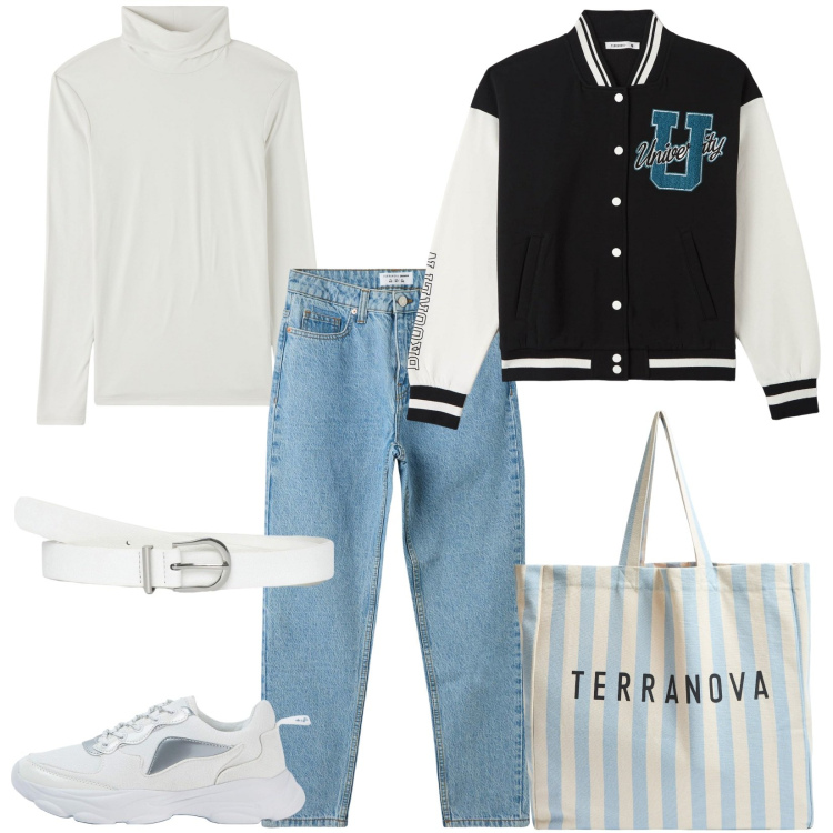 Outfit donna - Lezione all\'università con Terranova. Stile Casual per Scuola/Università. Abbinamento con jeans mom, maglieria, sneakers, bomber, borse tote, cinture.