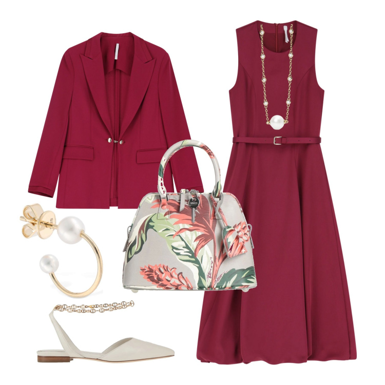 Outfit donna - Cerimonia magenta in primavera. Stile Chic per Cerimonia. Abbinamento con ballerine, borse a mano, collane, blazer, vestiti midi/longuette, orecchini.