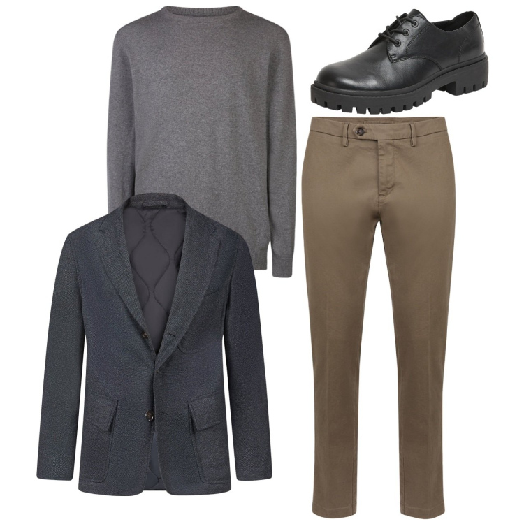 Outfit uomo - City. Stile Casual per Tutti i giorni. Abbinamento con scarpe stringate, pantaloni chino, giacche, maglieria.