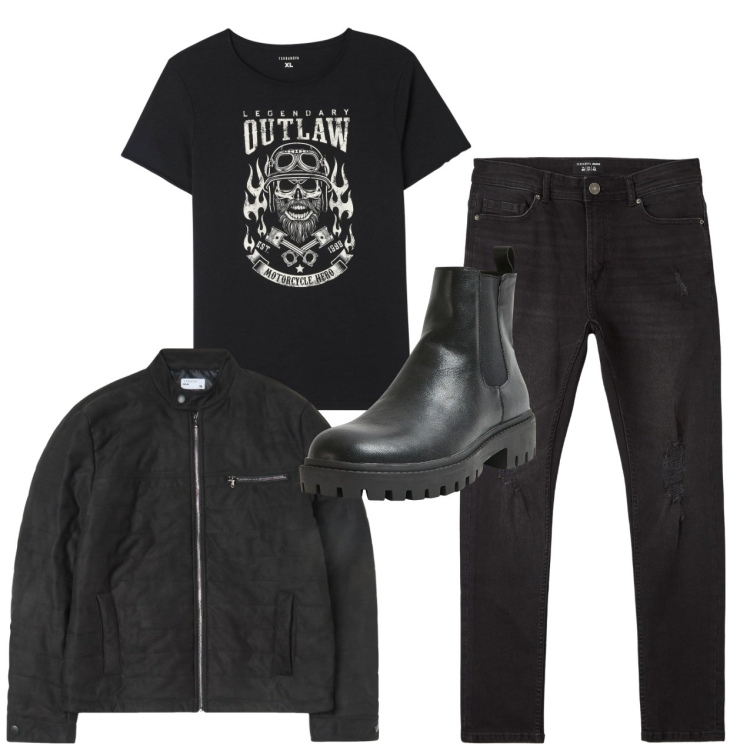 Outfit uomo - Serata hard rock. Stile Biker Rock per Serata speciale. Abbinamento con t-shirt, jeans strappati, stivali e stivaletti, giacche.