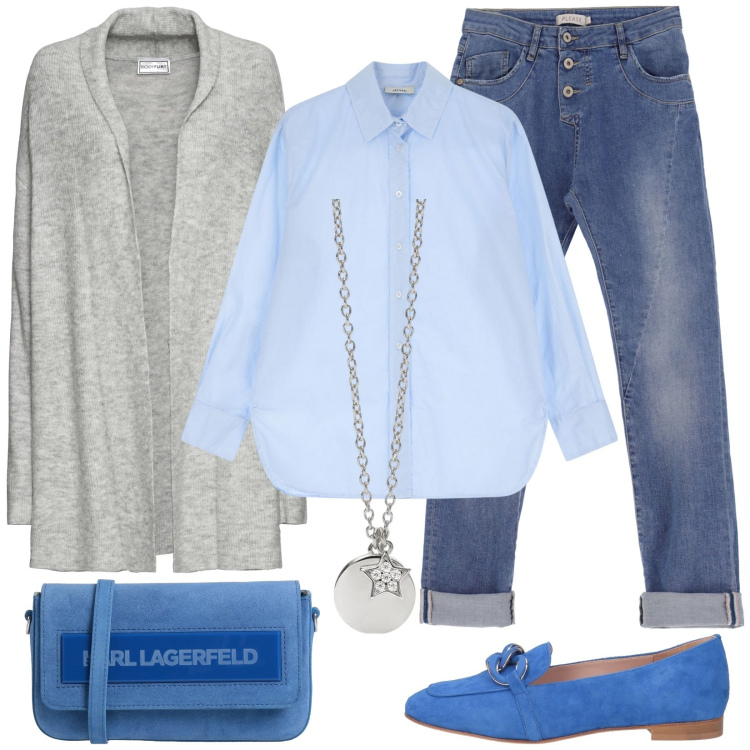 Outfit donna - Casual e raffinata. Stile Casual per Tutti i giorni. Abbinamento con cardigans, mocassini, borse a tracolla, ciondoli, jeans slim fit, camicie.