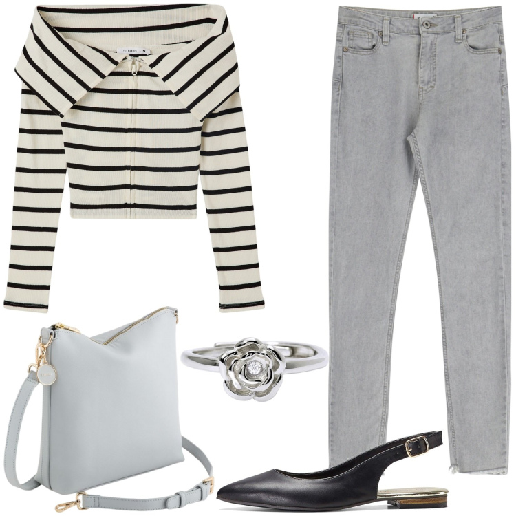 Outfit donna - Total look #2081014. Stile Basic per Tutti i giorni. Abbinamento con ballerine, cardigans, anelli, jeans skinny, borse a tracolla.