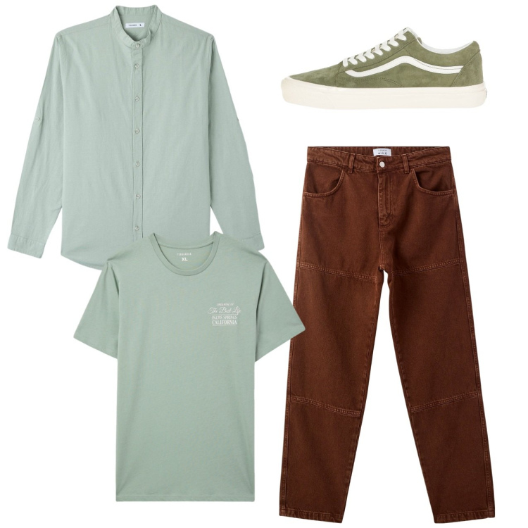 Outfit uomo - Menta e cioccolato. Stile Casual per Tutti i giorni. Abbinamento con sneakers, camicie, pantaloni, t-shirt.