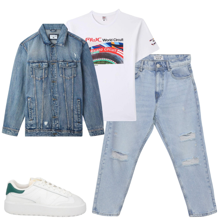 Outfit uomo - Total look #2081019. Stile Casual per Tutti i giorni. Abbinamento con sneakers, t-shirt, giacche, jeans strappati.