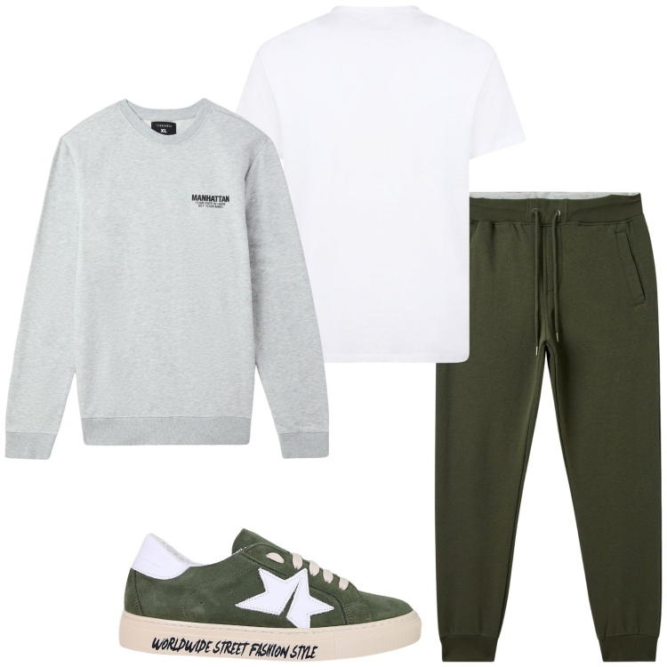 Outfit uomo - Sport. Stile Casual per Sport. Abbinamento con felpe, pantaloni, sneakers, t-shirt.