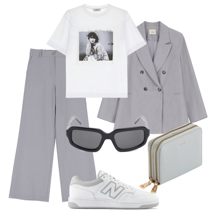 Outfit donna - City time. Stile Sporty chic per Tutti i giorni. Abbinamento con sneakers, pantaloni a palazzo, blazer, t-shirt, portafogli, occhiali da sole.