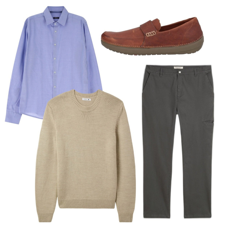 Outfit uomo - City. Stile Casual per Tutti i giorni. Abbinamento con pantaloni, scarpe stringate, maglieria, camicie.