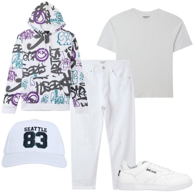 Outfit uomo - White. Stile Casual per Tutti i giorni. Abbinamento con sneakers, jeans strappati, cappelli, felpe con cappuccio, t-shirt.