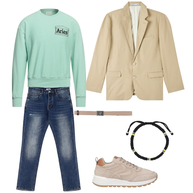 Outfit uomo - Apericena con amici. Stile Urban per Tutti i giorni. Abbinamento con cinture, felpe, sneakers, giacche, braccialetti, jeans dritti.