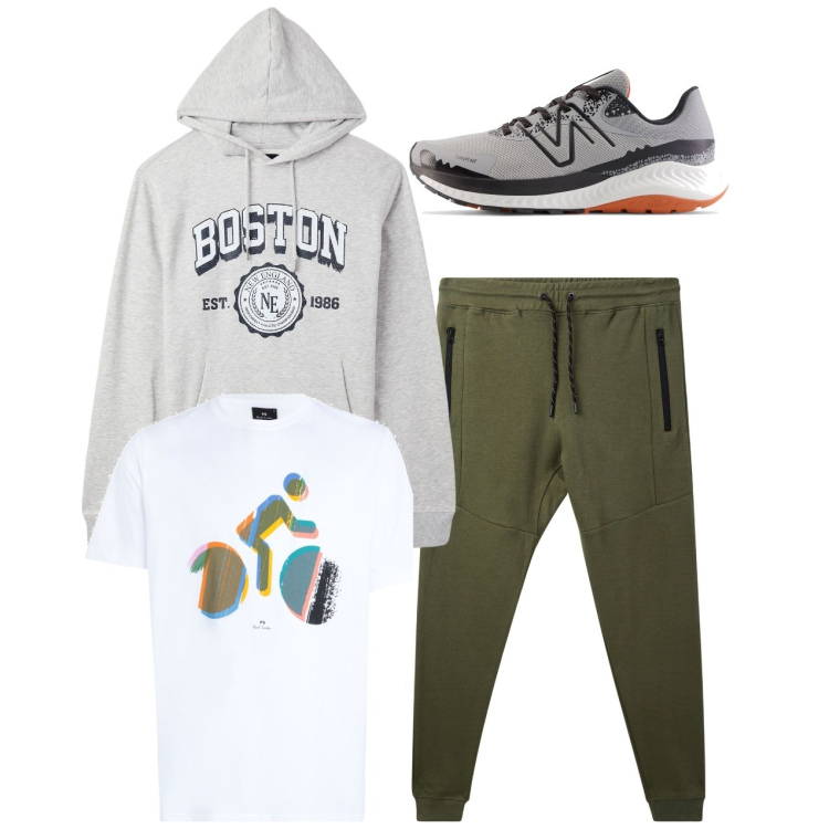 Outfit uomo - Sport al parco. Stile Urban per Sport. Abbinamento con t-shirt, felpe sportive, pantaloni sportivi, scarpe sportive.