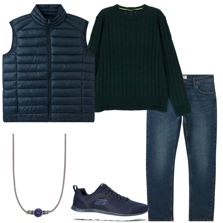 Outfit uomo - Blu. Stile Casual per Tutti i giorni. Abbinamento con sneakers, jeans, gilet, collane, maglieria.