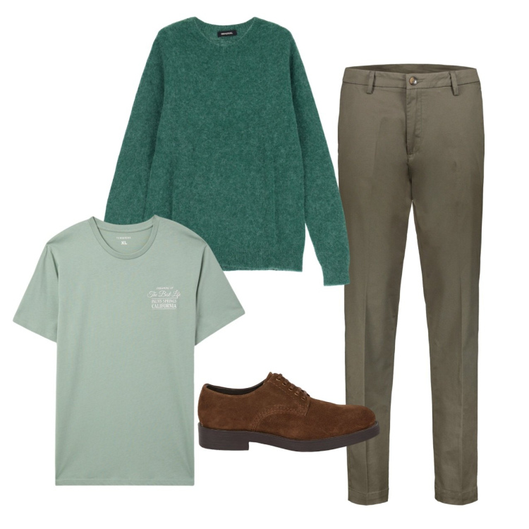 Outfit uomo - City. Stile Casual per Tutti i giorni. Abbinamento con t-shirt, maglieria, pantaloni chino, scarpe stringate.